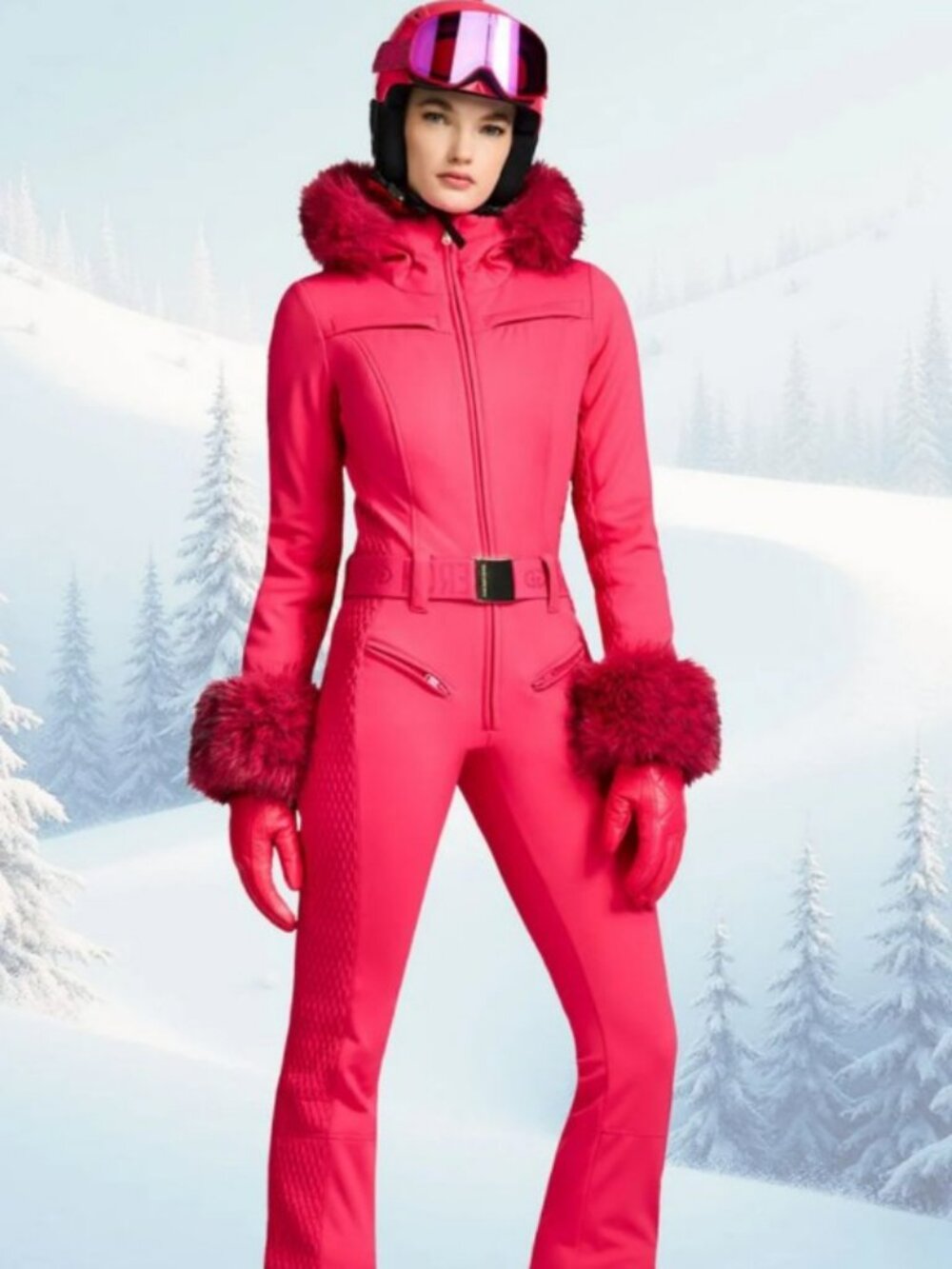 Goldbergh Angele One Piece Ski Suit in Italian Rose with Faux Fur Trims and Hood